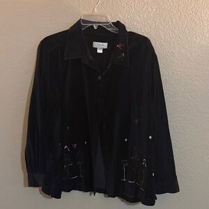 CJ Banks Classic Black Holiday Velvet Top with Embroidery Cats and Birdhouses